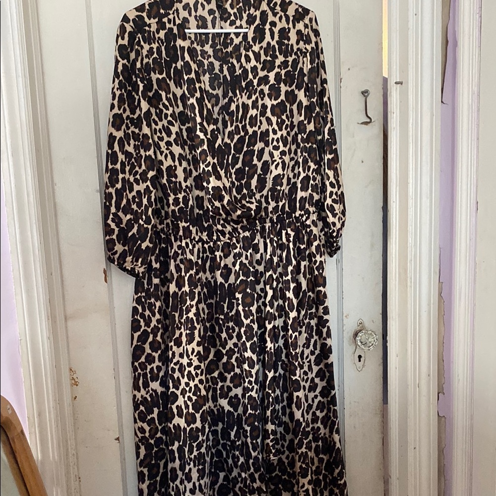 Lane Bryant Brown and Tan V-Neck Bishop Sleeve Midi Dress